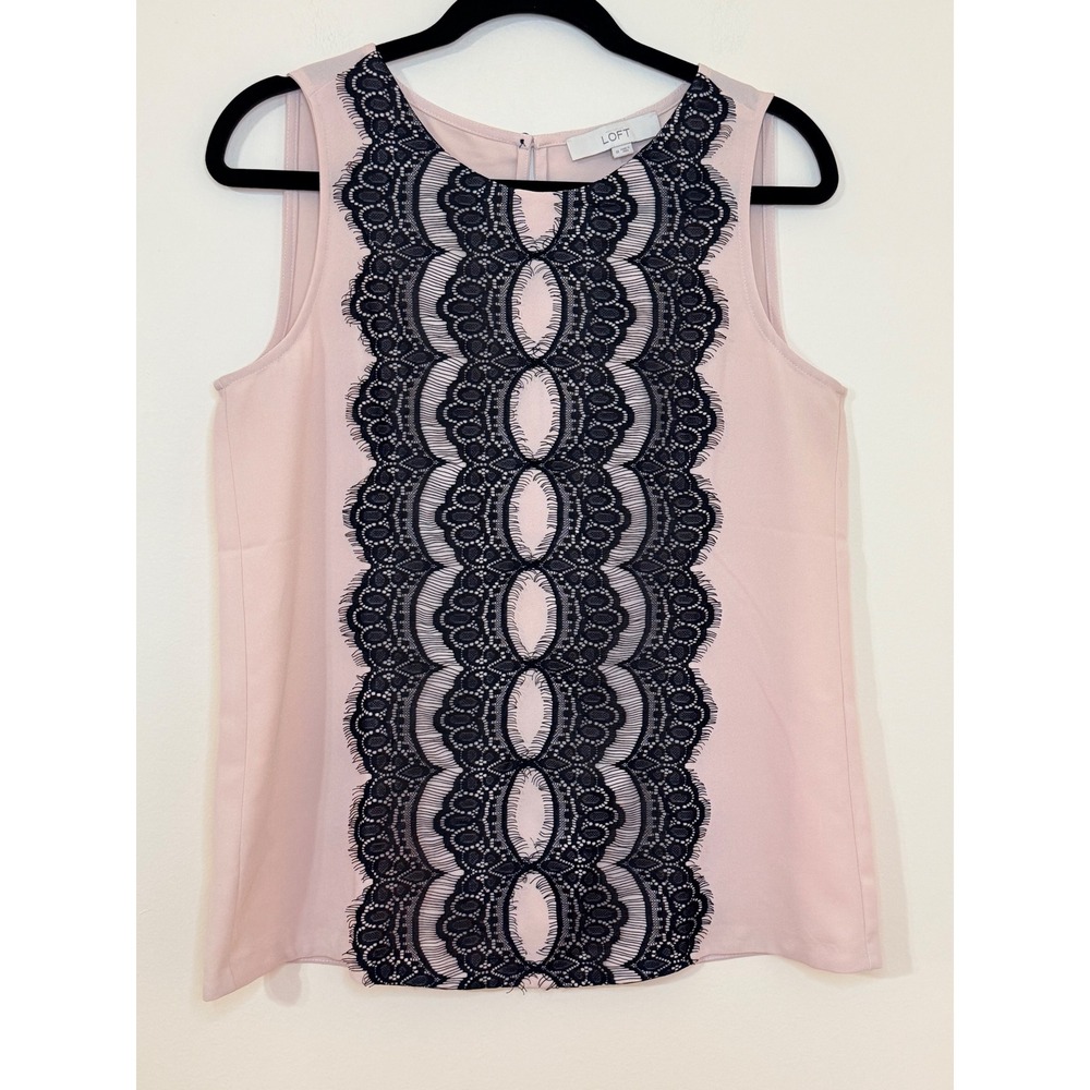 Ann Taylor LOFT Pink Sleeveless Lace Front Blouse Navy Blue Accent Top Medium